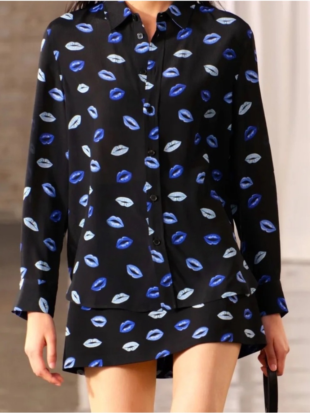 Zara Blouse Button Down and Mini Skirt 2pc Set Blue Lips print Black XS